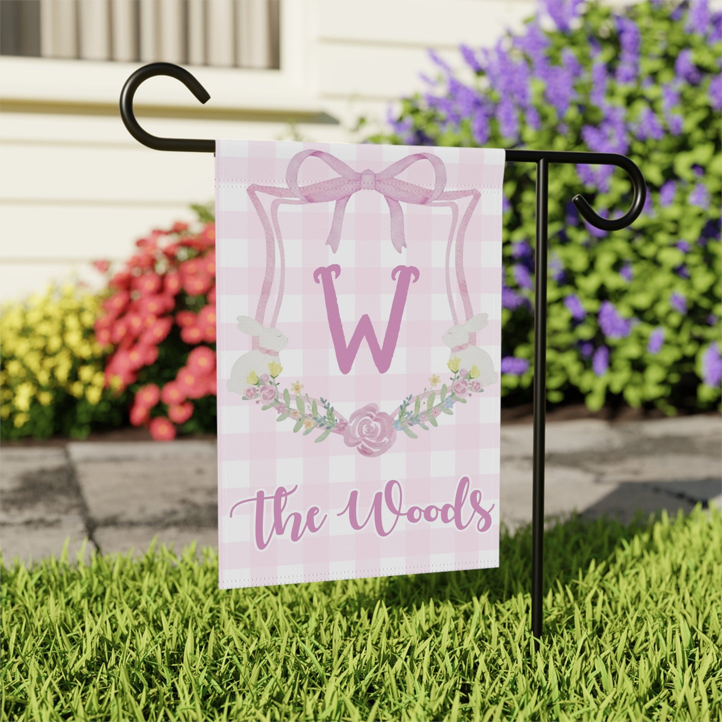 Personalized Easter Bunny Floral Pink Gingham Garden Flag