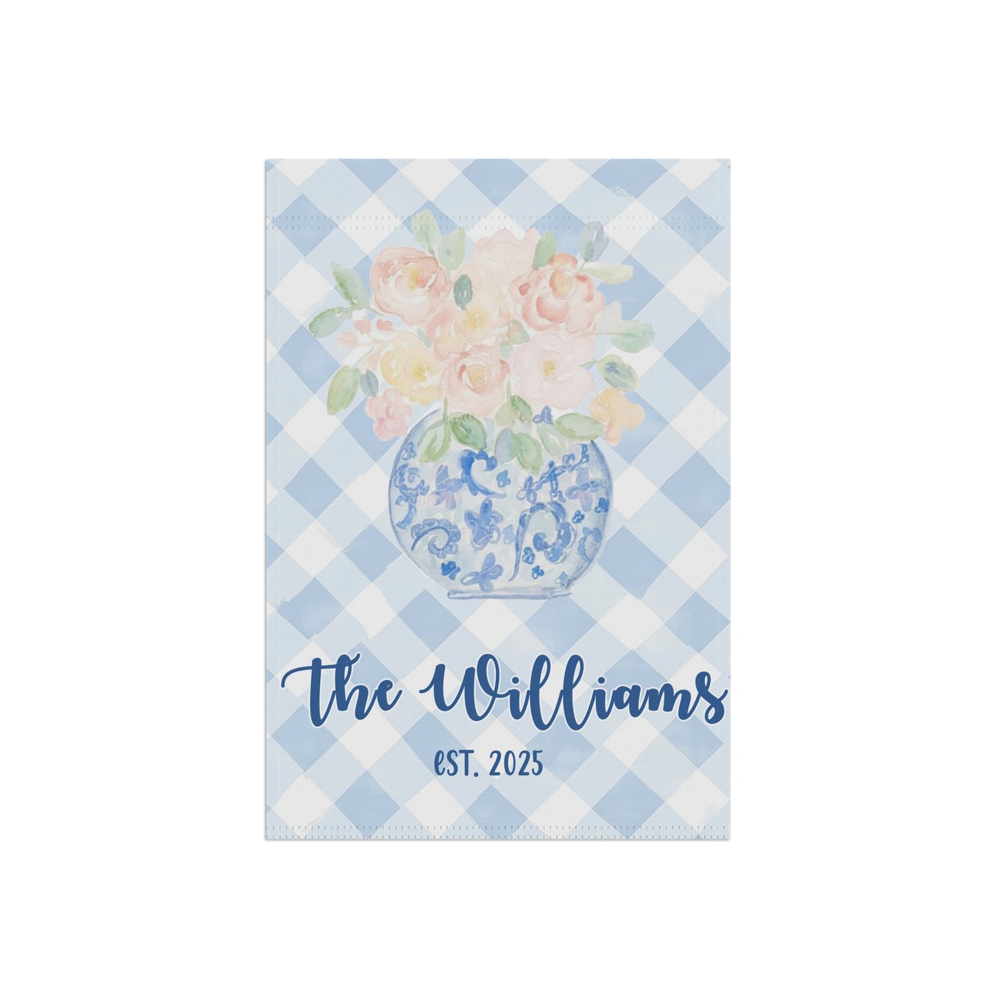 Personalized Blue Gingham Floral Vase Garden Flag