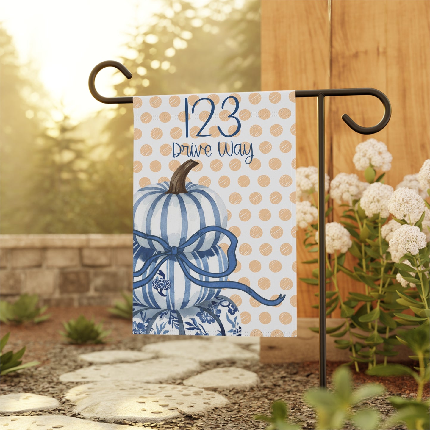Blue Striped Pumpkin House Number Garden Banner | Polka Dot Fall Porch Flag