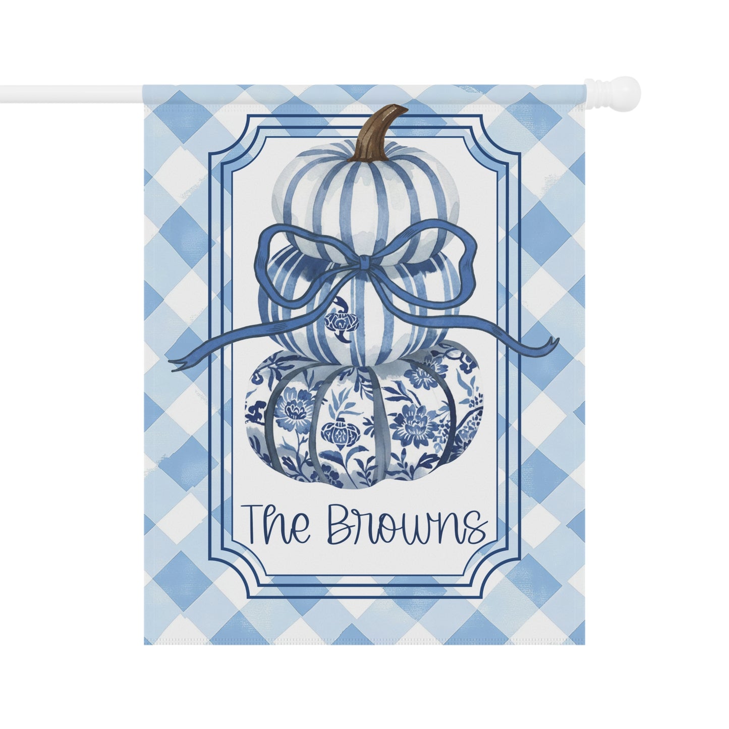 Blue Gingham Pumpkin with Bow Garden Flag | House Banner