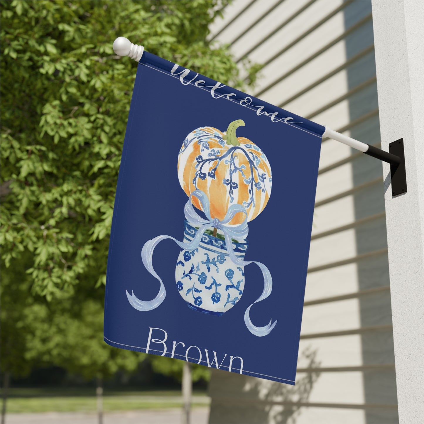 Blue Chinoiserie Pumpkin Welcome Garden Flag