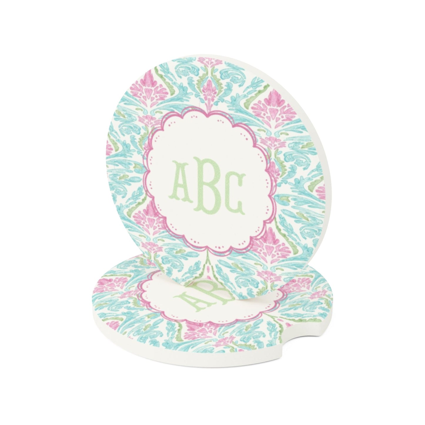 Pink Teal Damask Monogram Soapstone Car Coaster | Personalized Initials
