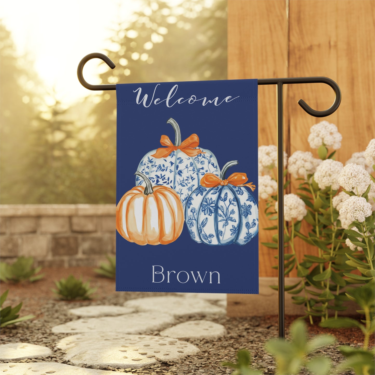 Blue Floral Pumpkins Garden Flag | Welcome House Banner