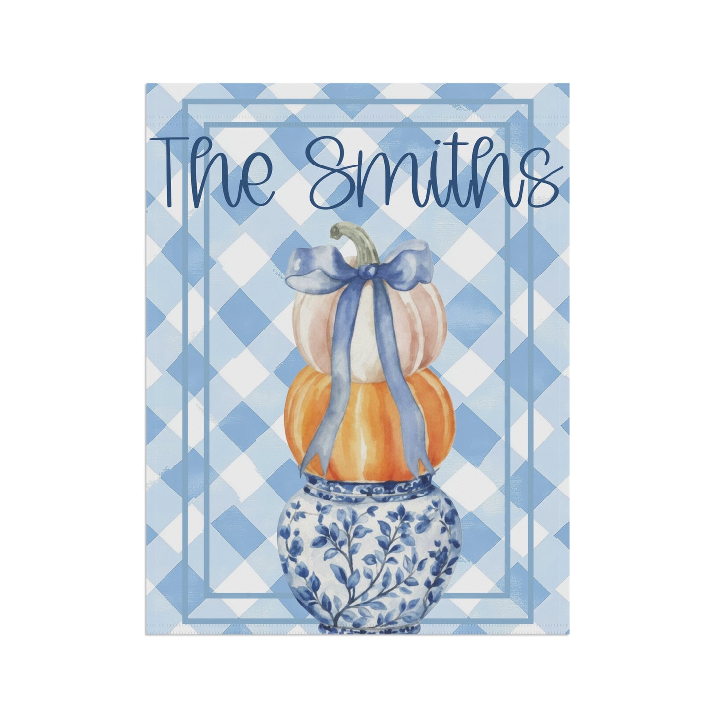 Blue Gingham Pumpkin Stack Garden Flag | Garden Banner