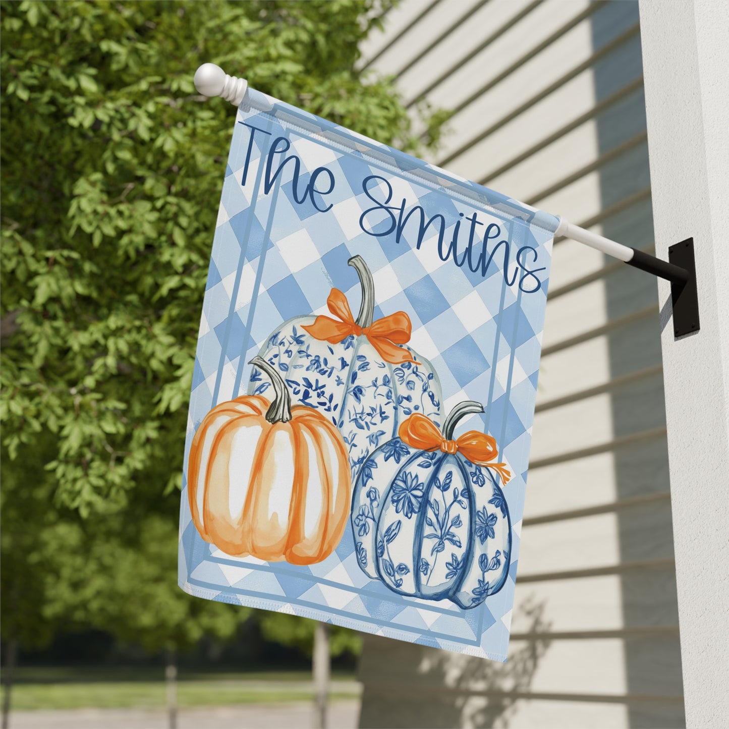 Blue Gingham Pumpkins Garden Banner | House Flag
