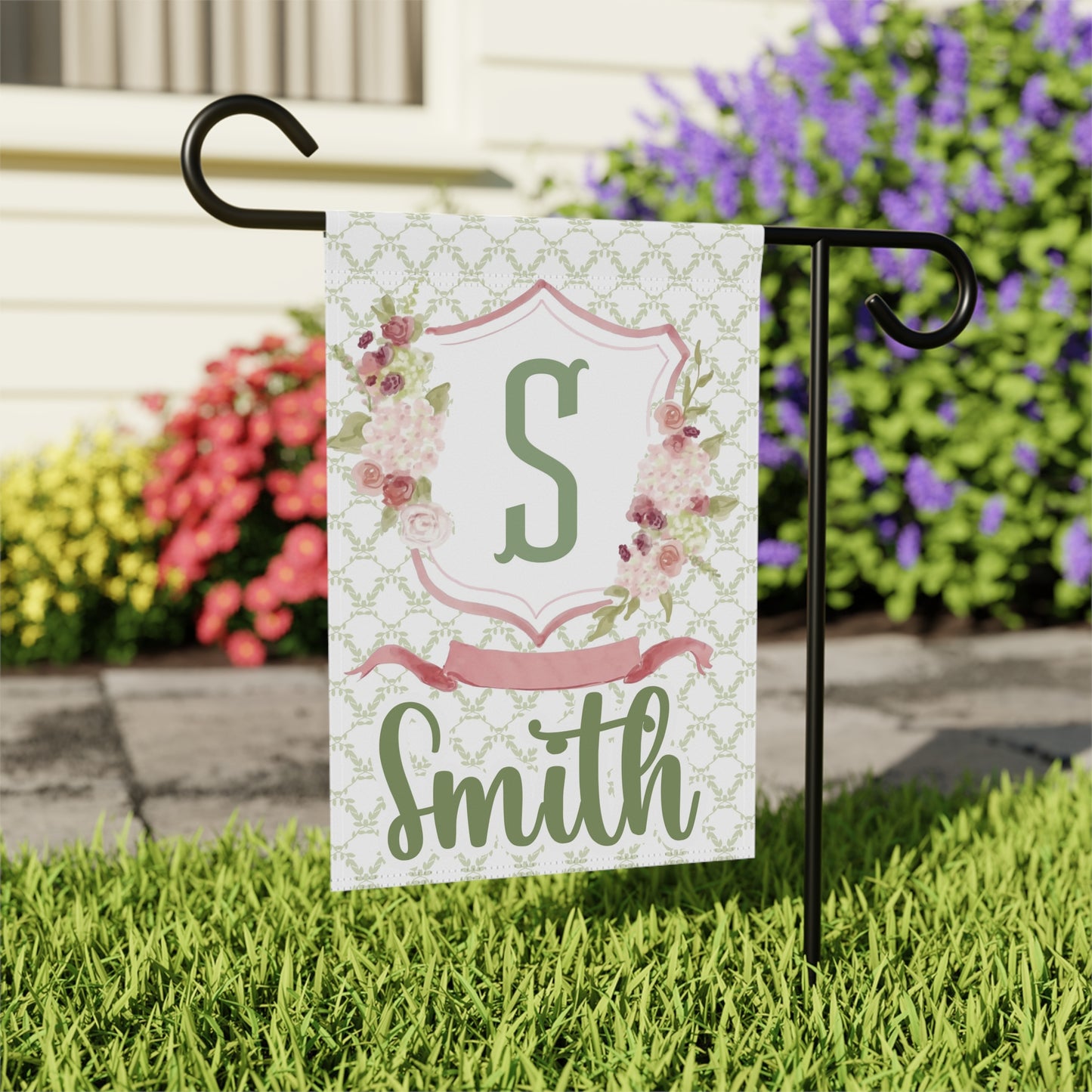 Personalized Pink Floral Monogram Garden Flag