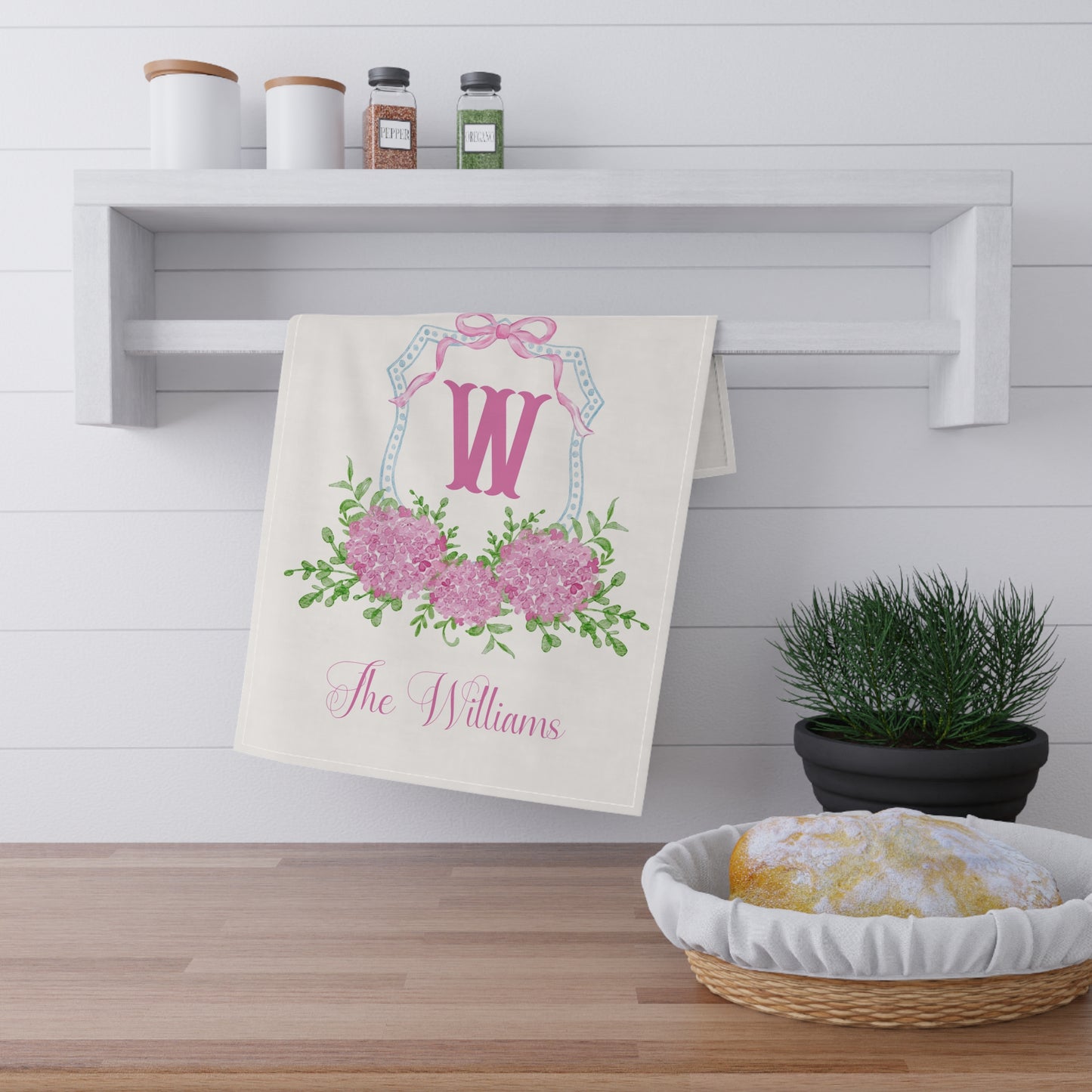 Pink Hydrangea Monogram W Tea Towel | Cotton Kitchen Towel
