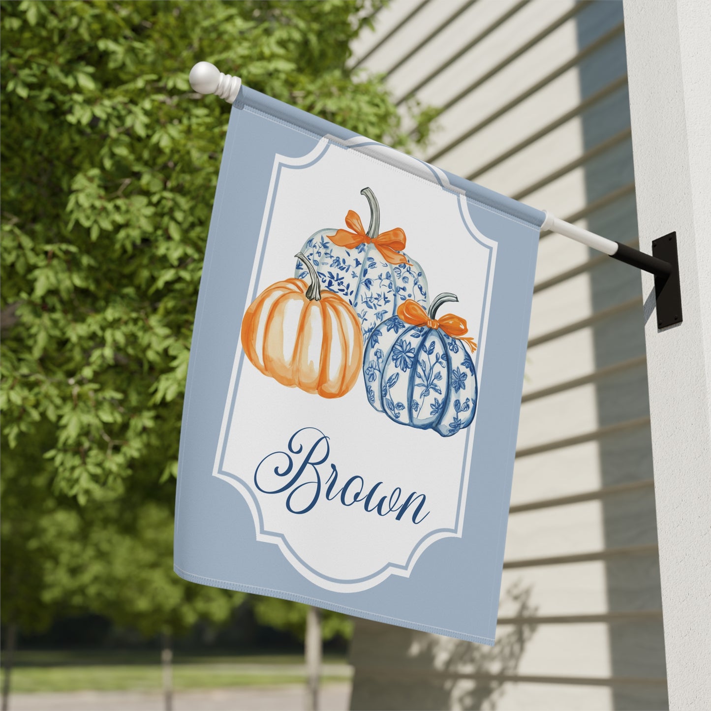 Blue Floral Pumpkins Garden Banner | Personalized Name Accent