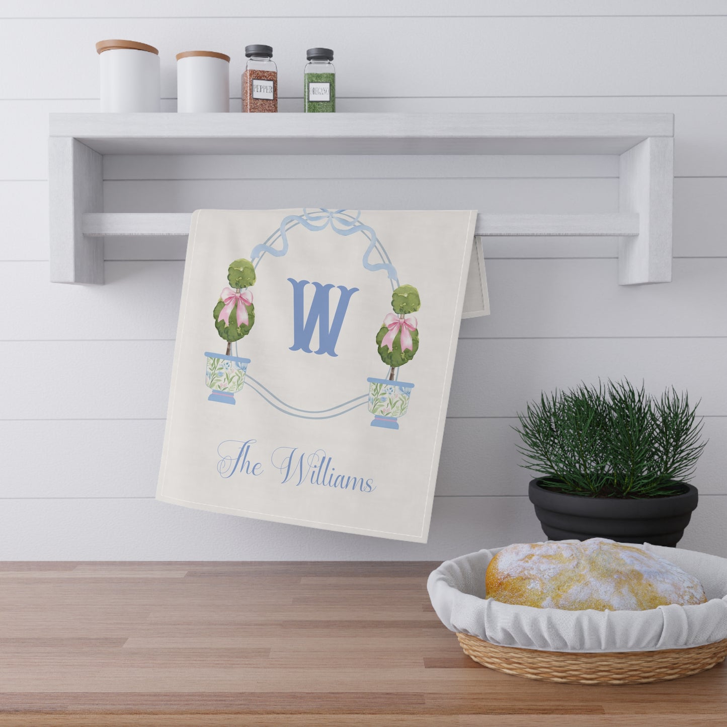 Blue Monogram W Topiary Tea Towel | Personalized Kitchen Towel
