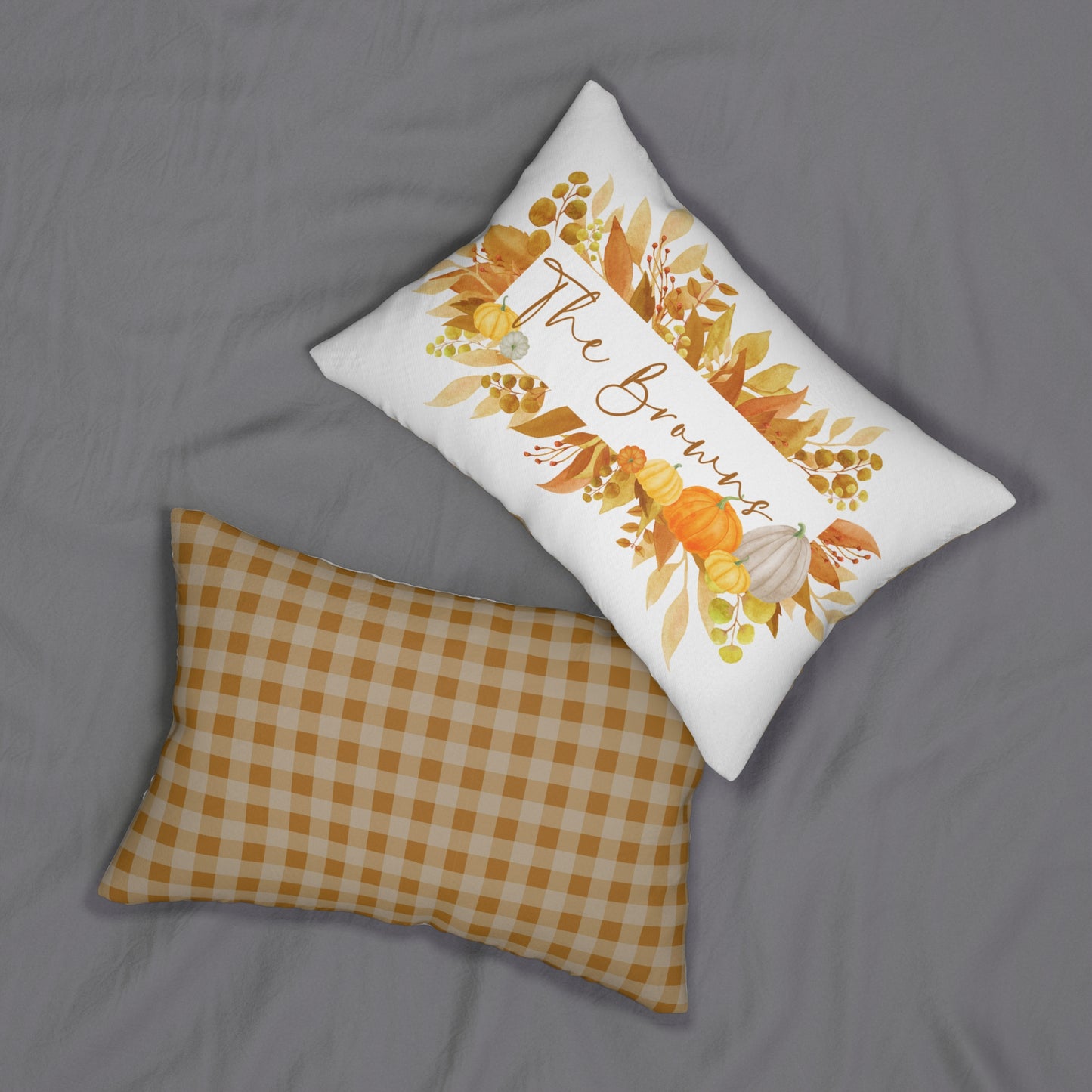 Autumn Watercolor Pumpkins Family Name Lumbar Pillow | Spun Polyester Lumbar Pillow