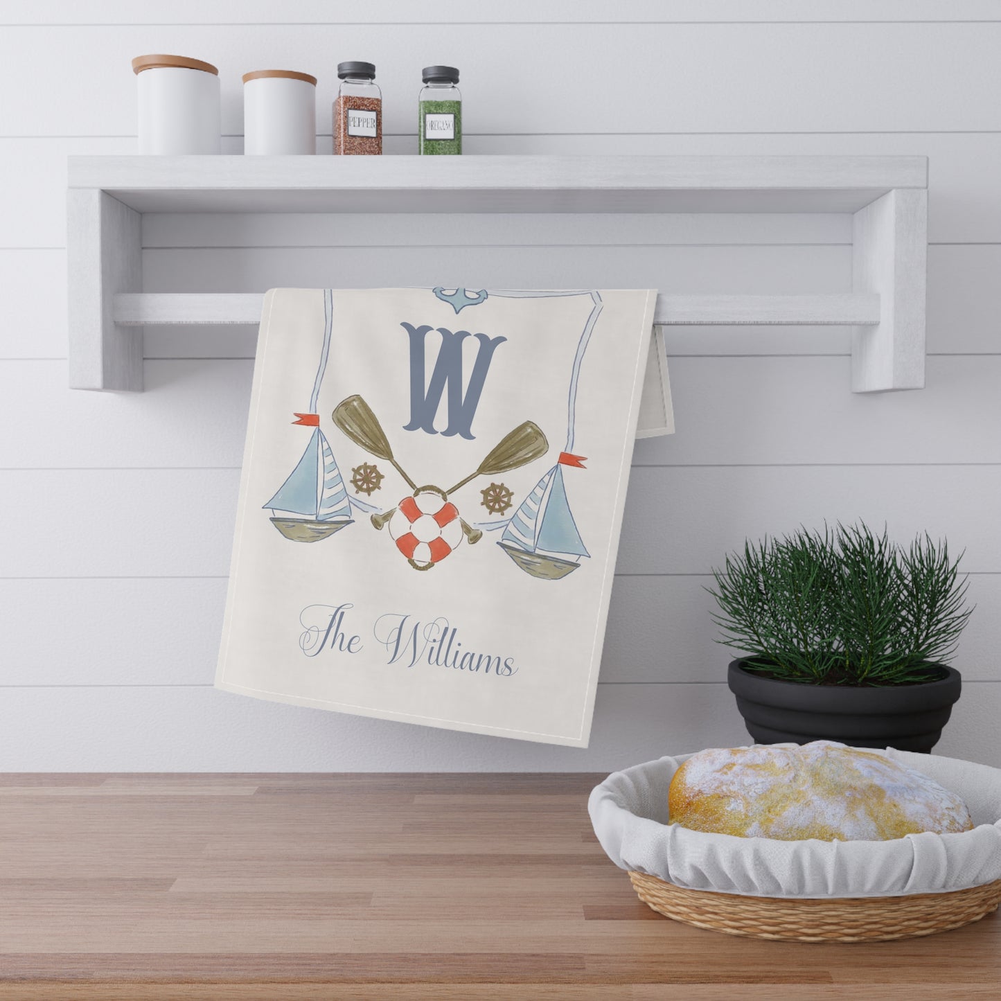 Nautical Monogram W Tea Towel | Personalized Kitchen Towel