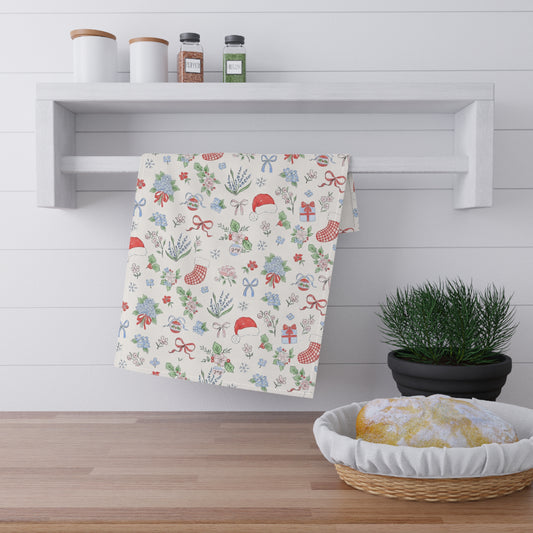 Christmas Pattern Tea Towel | Holiday Stocking, Santa Hat, Holly Print