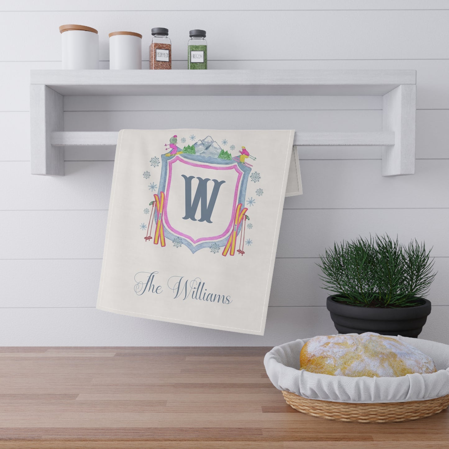 Monogram W Ski Crest Tea Towel | Personalized Kitchen Towel