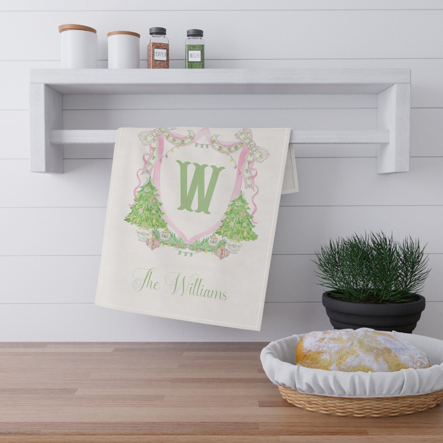 Green Monogram W Crest Tea Towel | Personalized Initial W