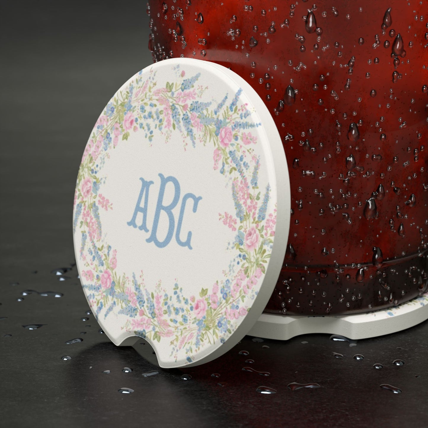 Floral Wreath Monogram Soapstone Car Coaster | Personalized Initials