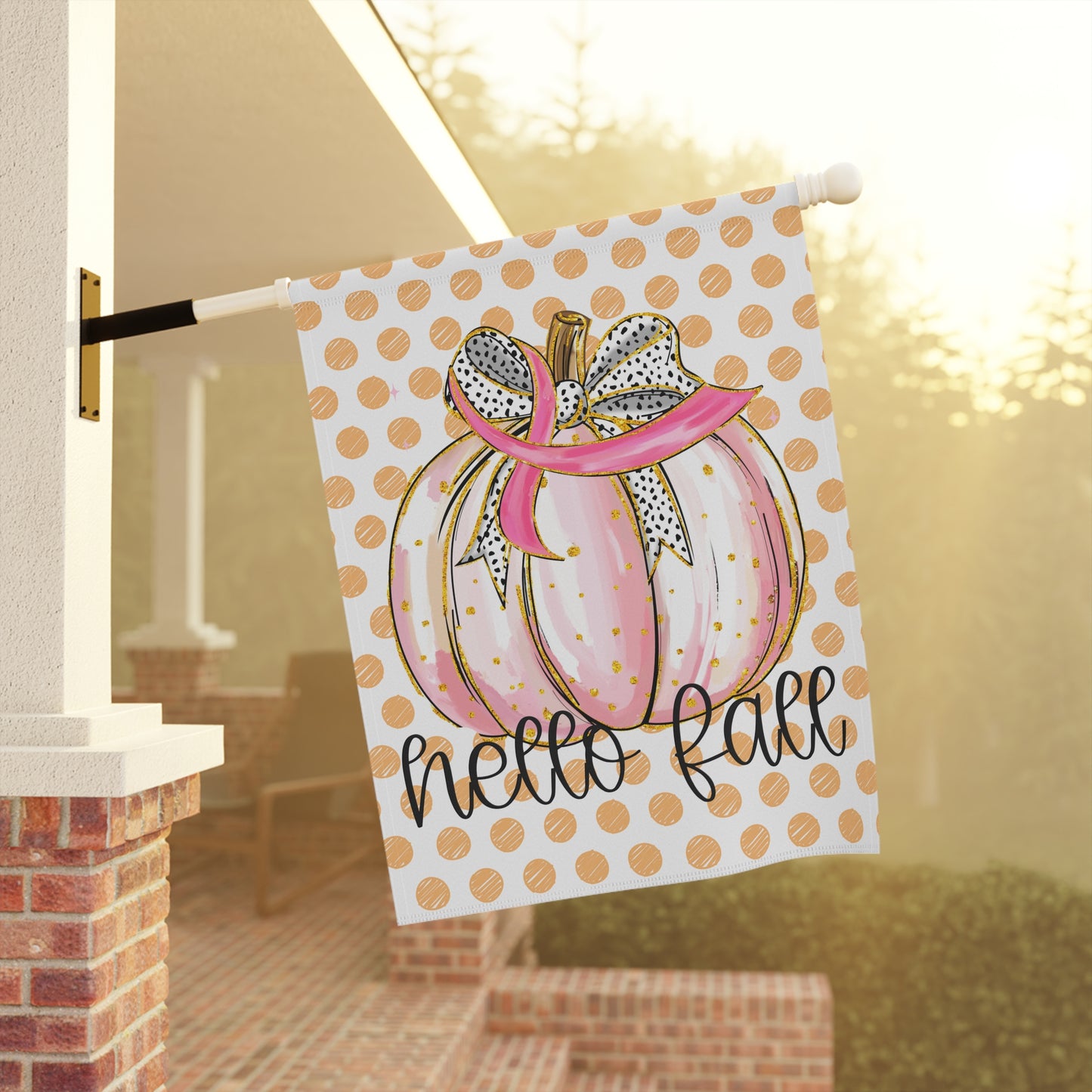 Pink Polka Dot Pumpkin Hello Fall Garden Flag | House Banner