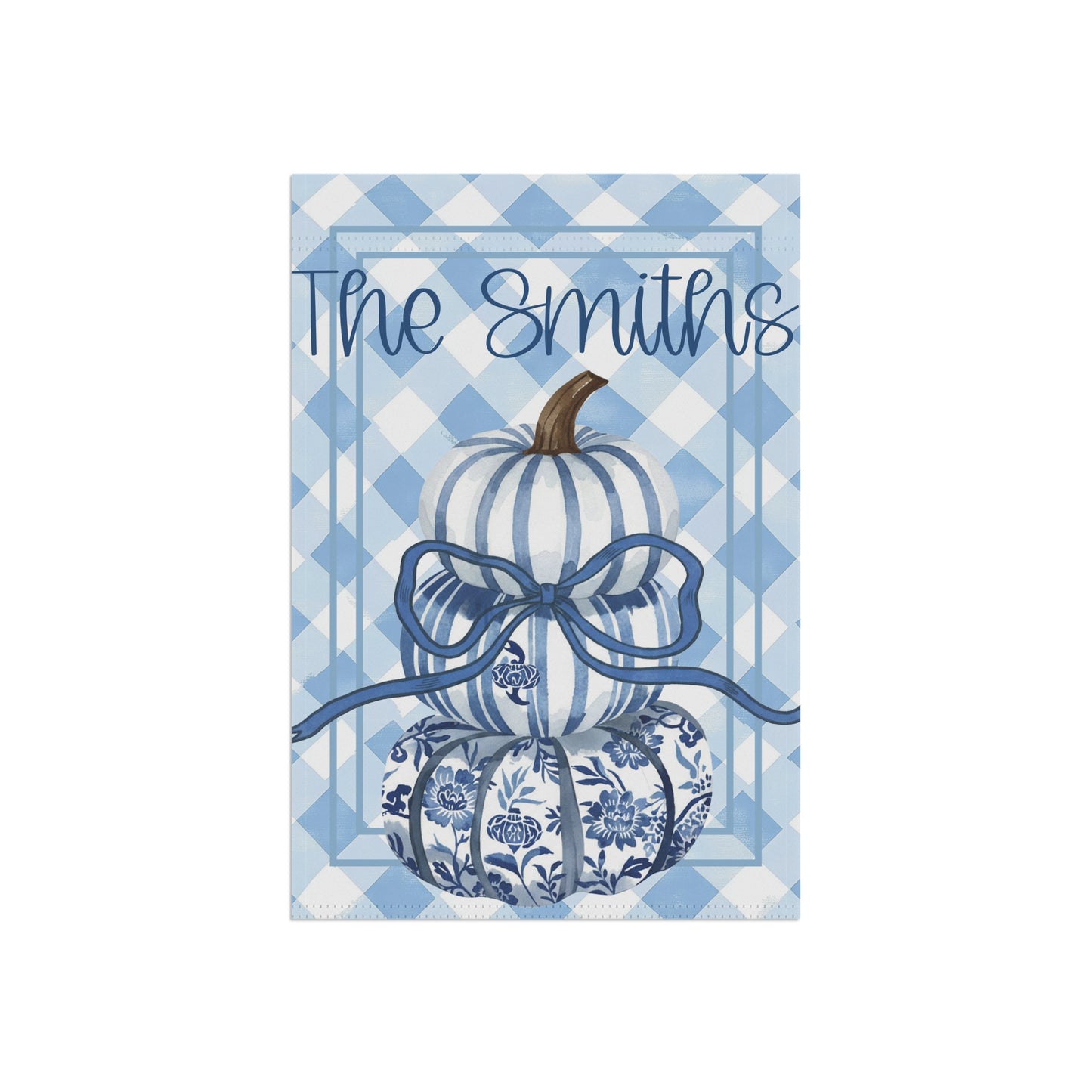 Blue Gingham Pumpkin Stack Garden & House Banner | Personalized Name