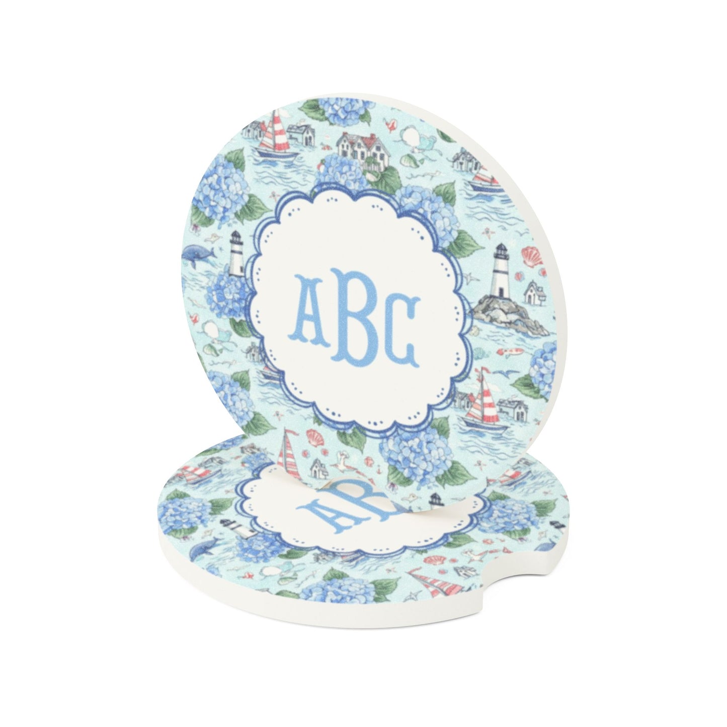 Nautical Hydrangea Monogram Car Coaster | Soapstone