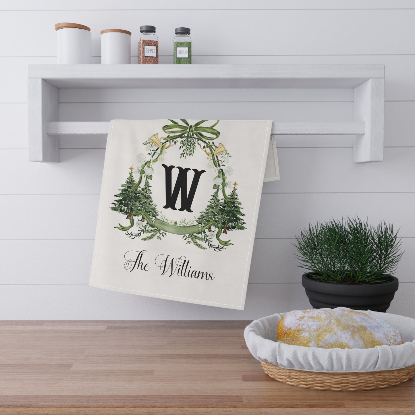 Monogram W Wreath Tea Towel | Personalized Christmas Kitchen Towel