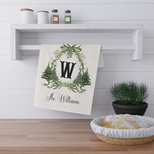 Monogram W Wreath Tea Towel | Personalized Christmas Kitchen Towel