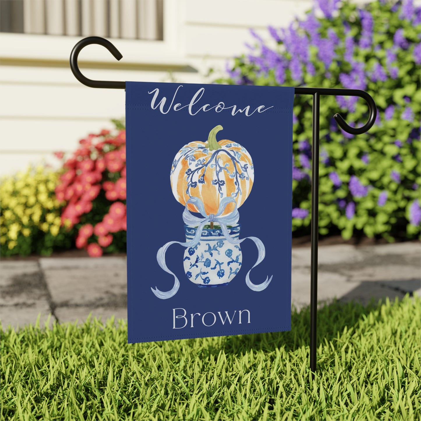 Blue Chinoiserie Pumpkin Welcome Garden Flag