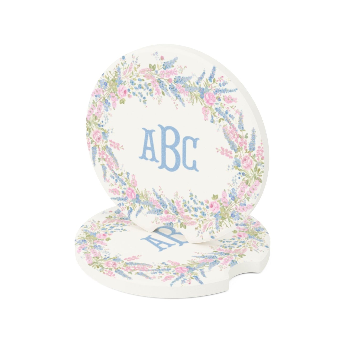 Floral Wreath Monogram Soapstone Car Coaster | Personalized Initials