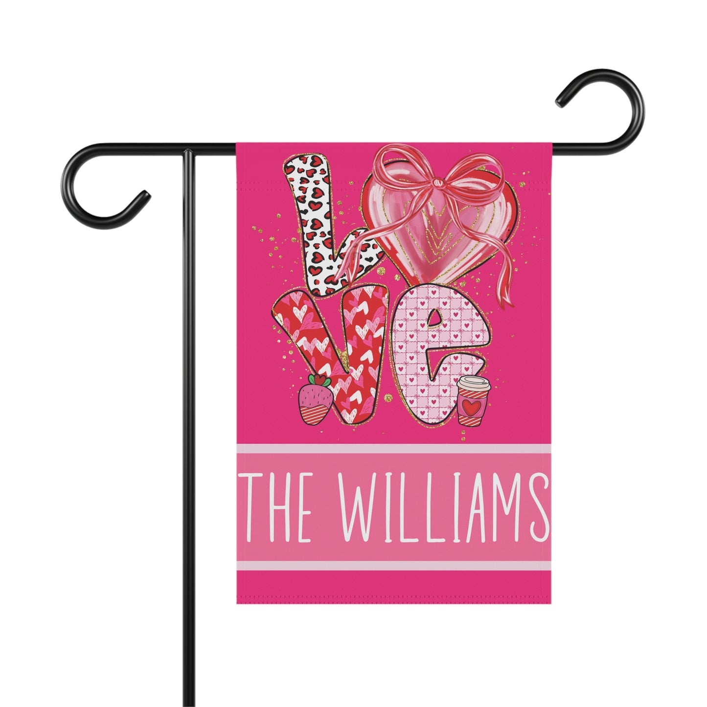 bright pink LOVE Valentines garden flag with hearts, strawberry and coffee cup details and personalized family name bar at bottom