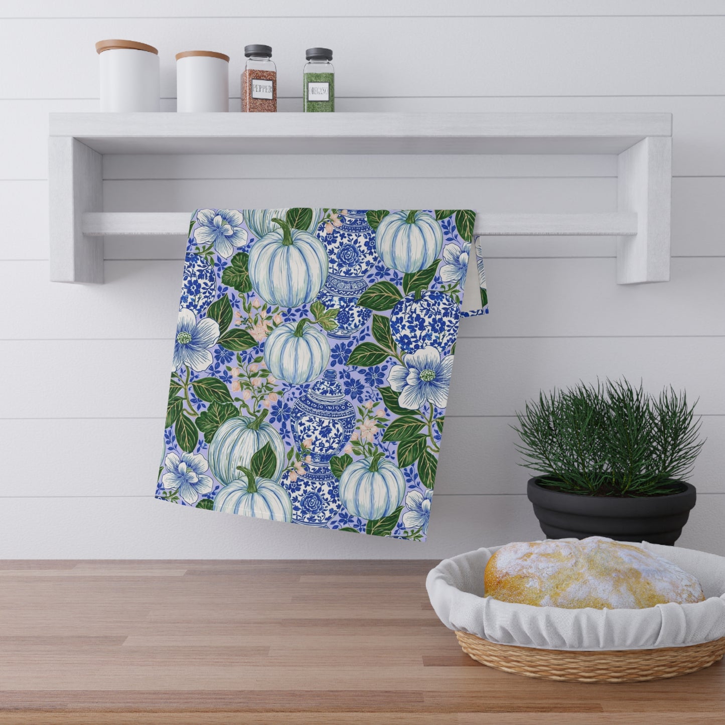 Blue and White Chinoiserie Pumpkin Tea Towel, Ginger Jar Floral Print, Grandmillennial Fall Kitchen Decor
