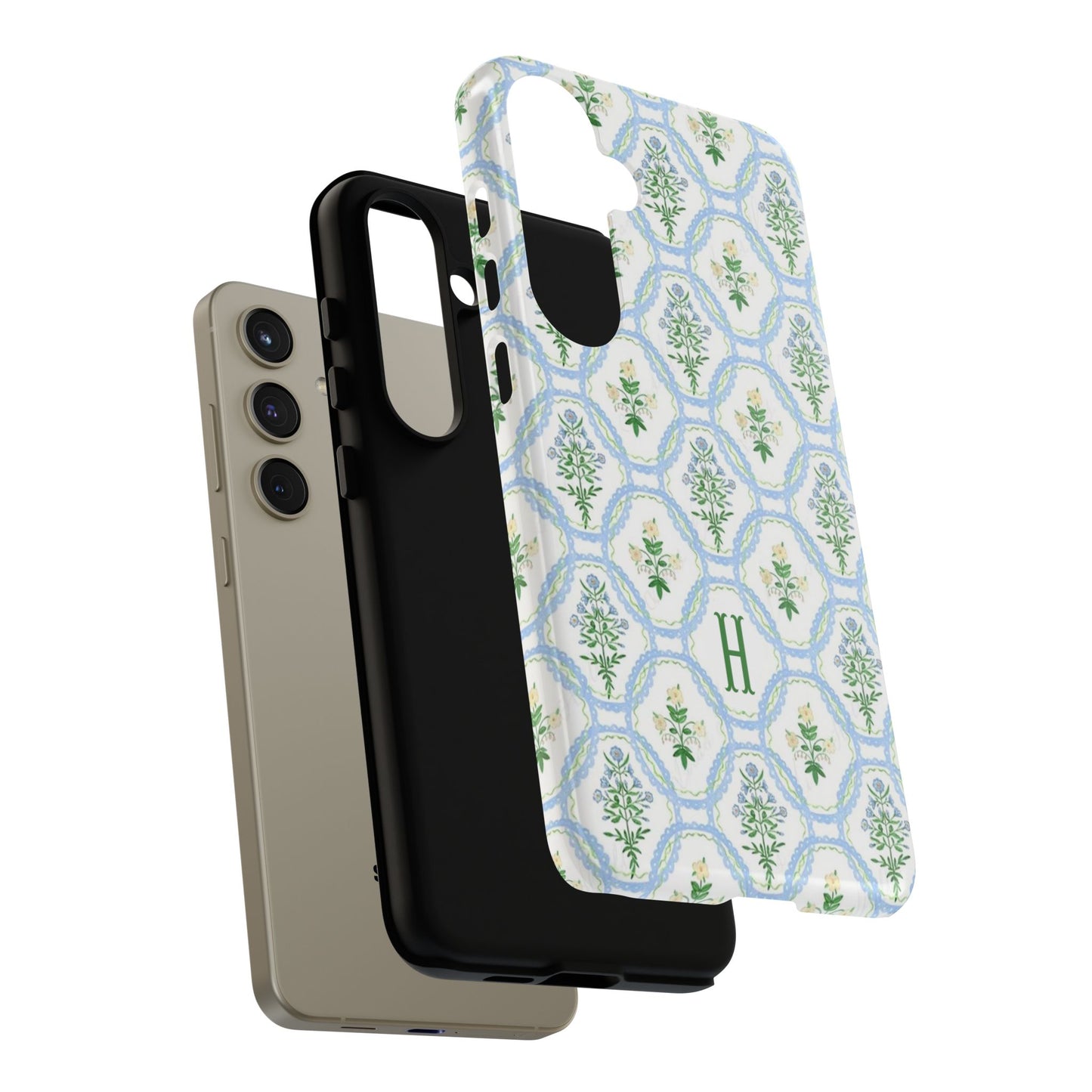 Blue Floral Motif Monogram Phone Case Personalized