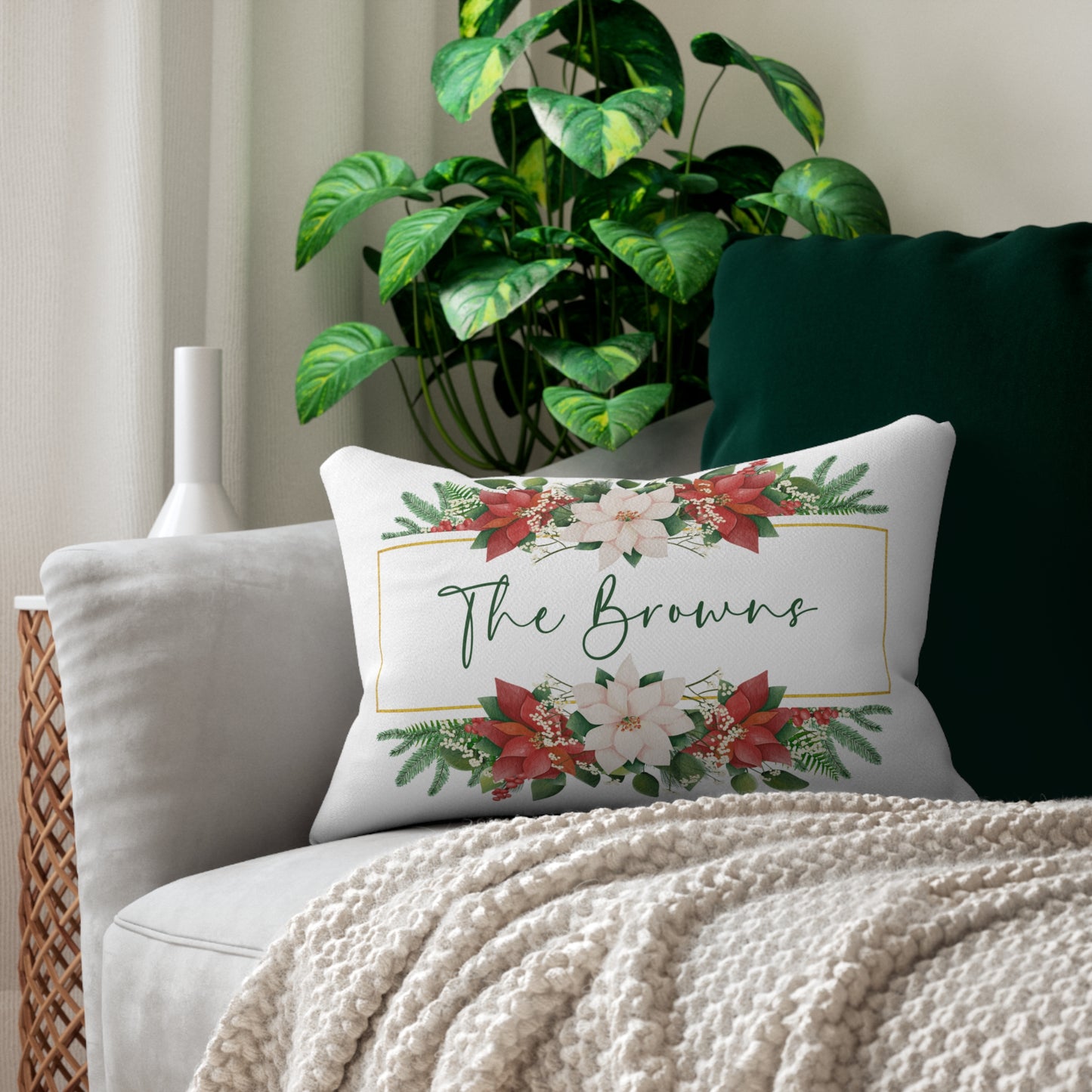 Personalized Poinsettia Wreath Lumbar Pillow | Christmas Plaid Back
