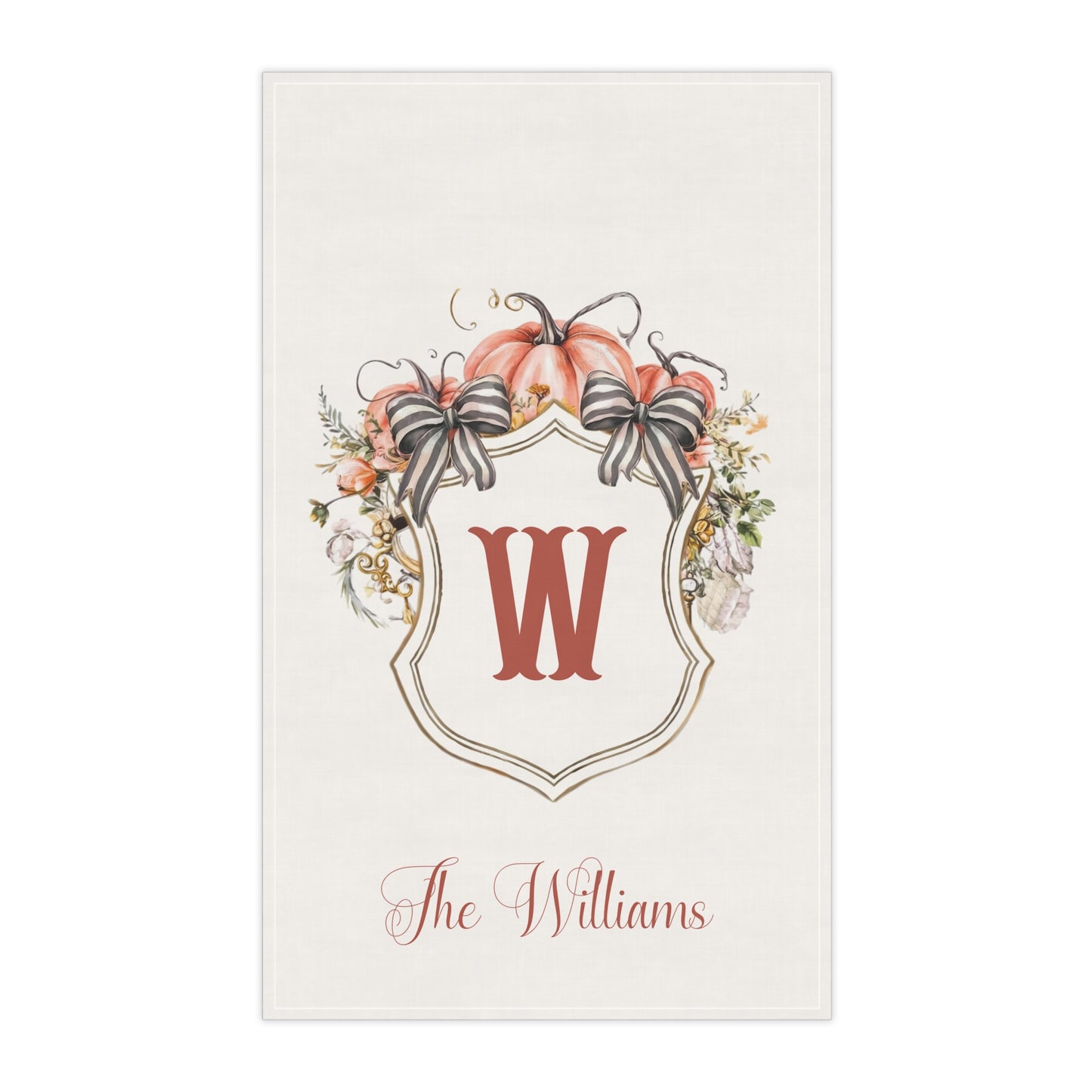 Monogram W Pumpkin Shield Tea Towel | Personalized Kitchen Towel