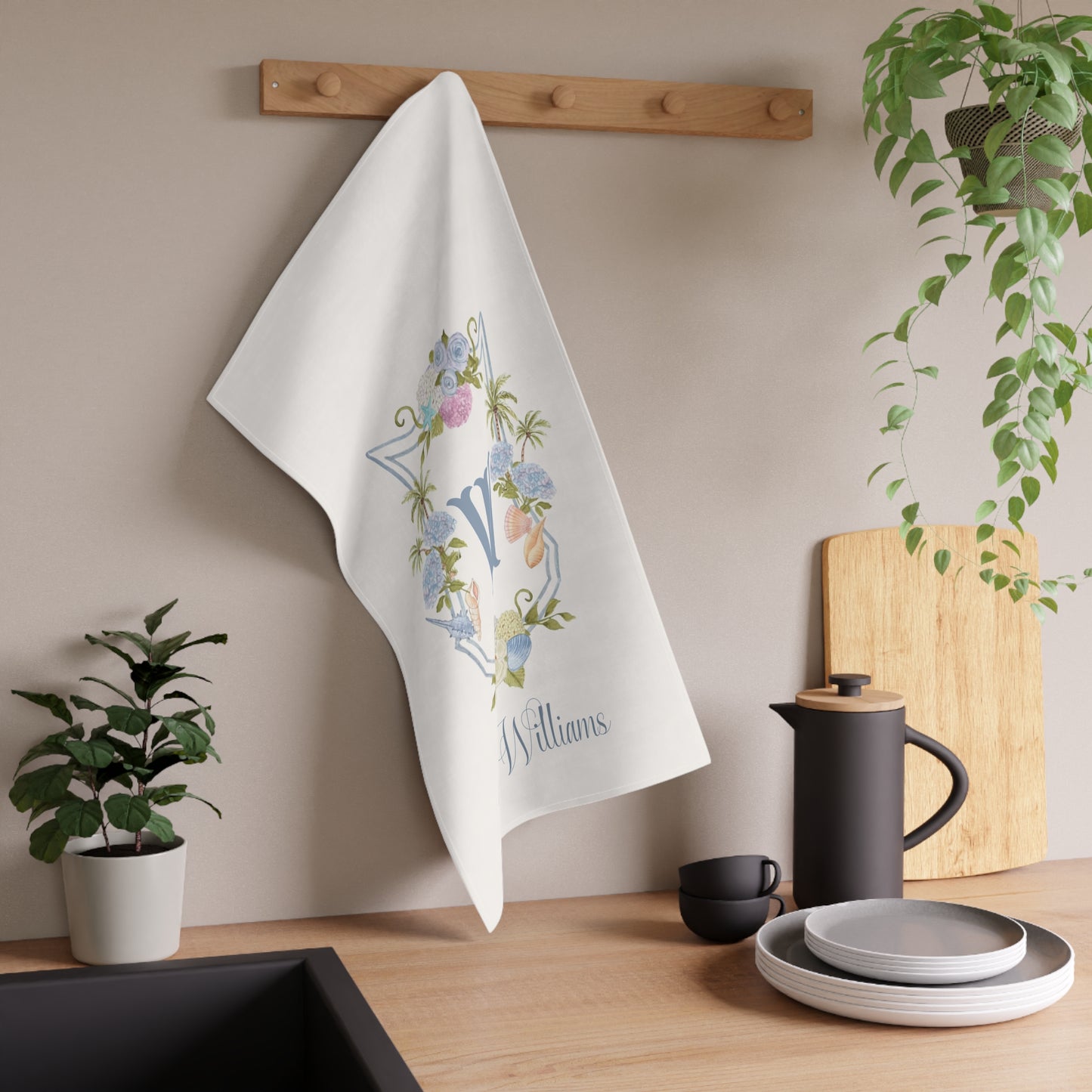 W Monogram Floral Crest Tea Towel | Personalized Kitchen Towel