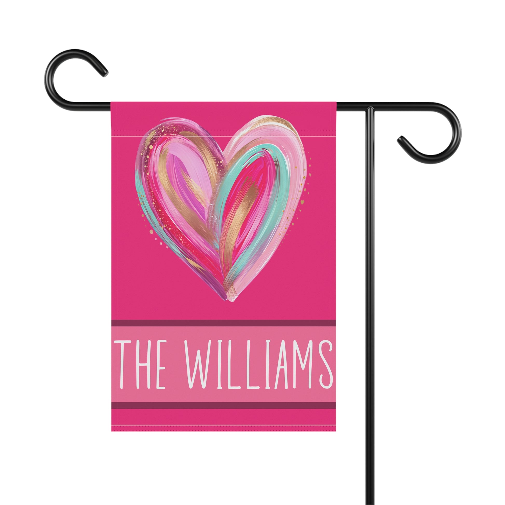 bright pink personalized heart garden flag with brushstroke heart artwork and custom family name bar at bottom