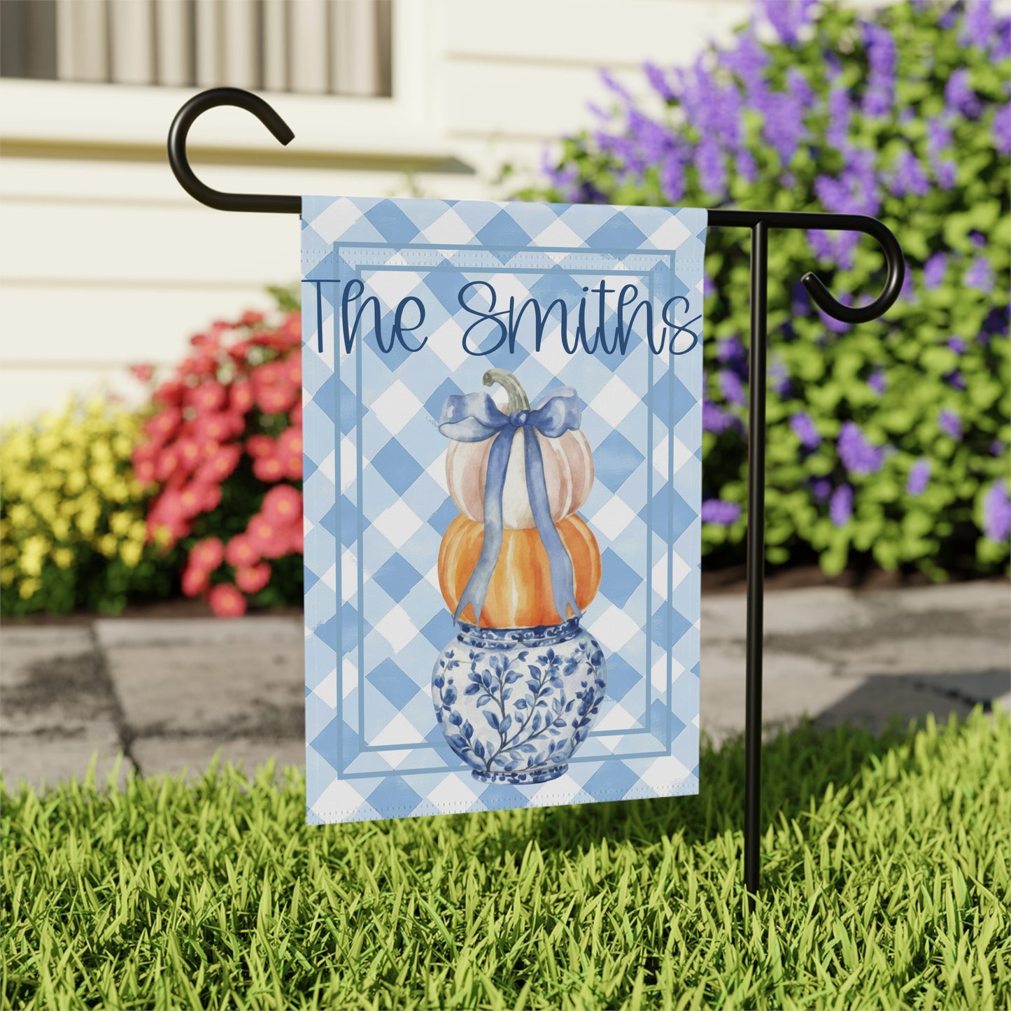 Blue Gingham Pumpkin Stack Garden Flag | Garden Banner