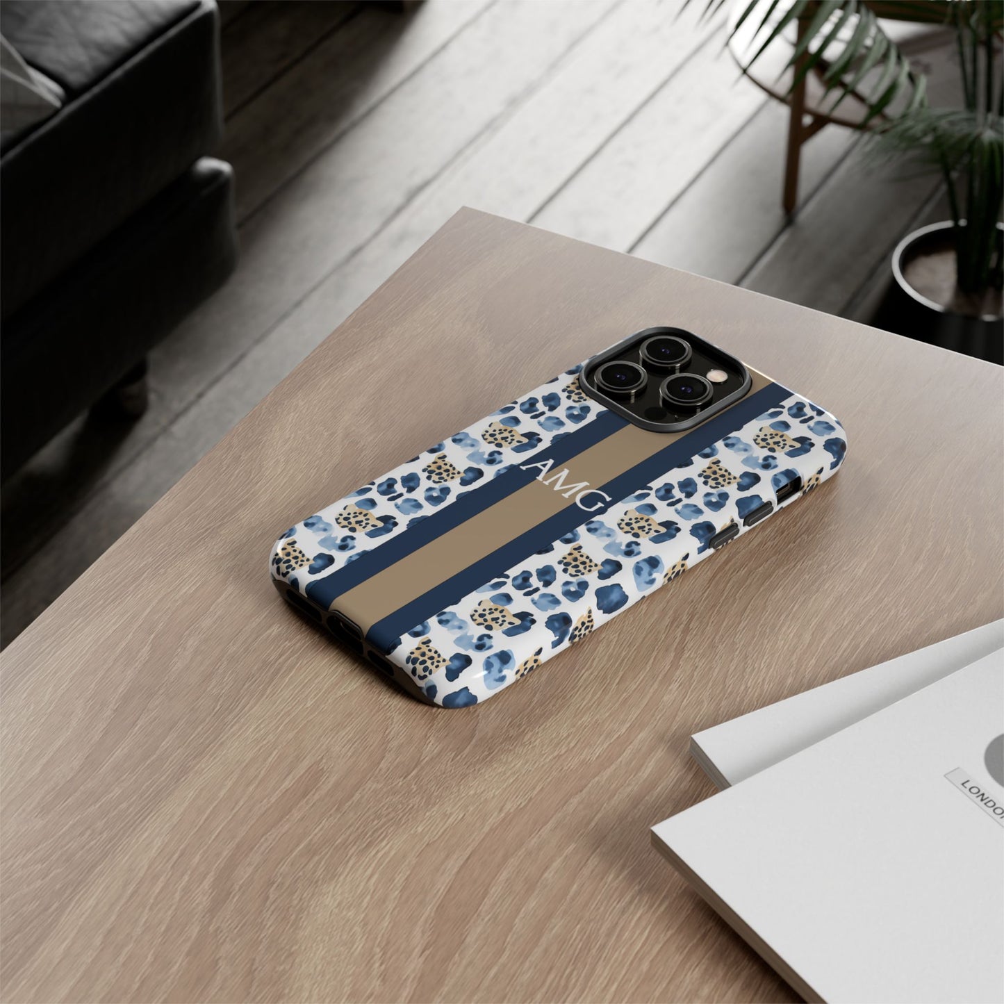 Blue Leopard Monogram Phone Case