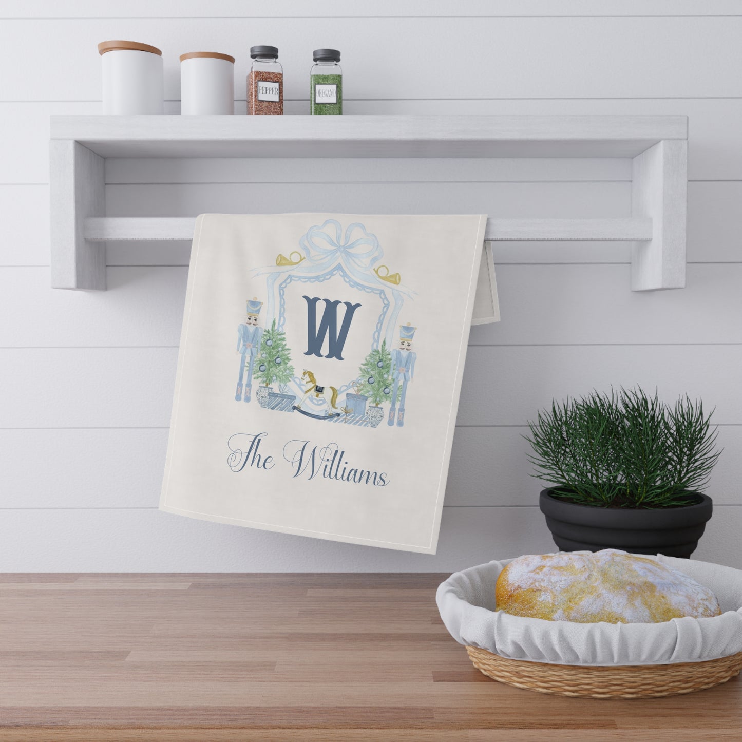 Monogram W Nutcracker Wreath Tea Towel | Personalized Kitchen Towel