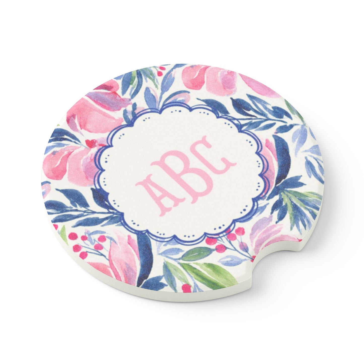 Floral Monogram Car Coaster Soapstone | Personalized Initials Car Coaster