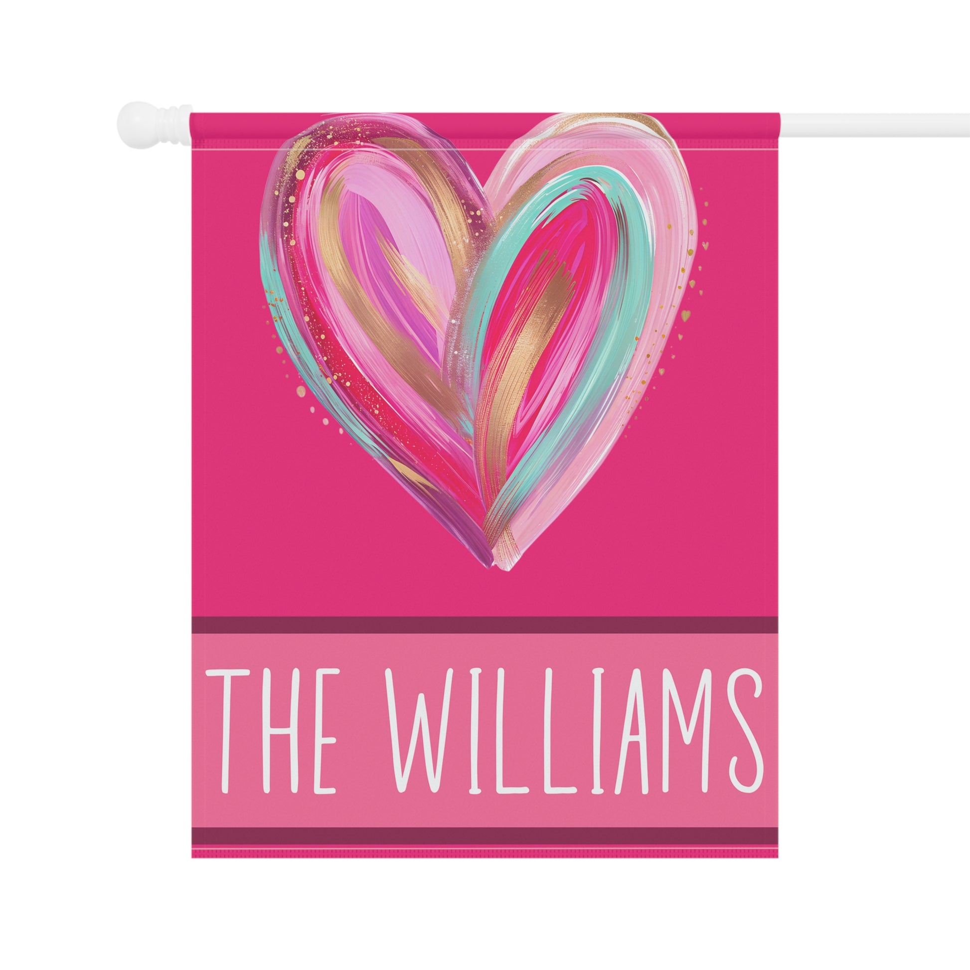 bright pink personalized heart garden flag with brushstroke heart artwork and custom family name bar at bottom