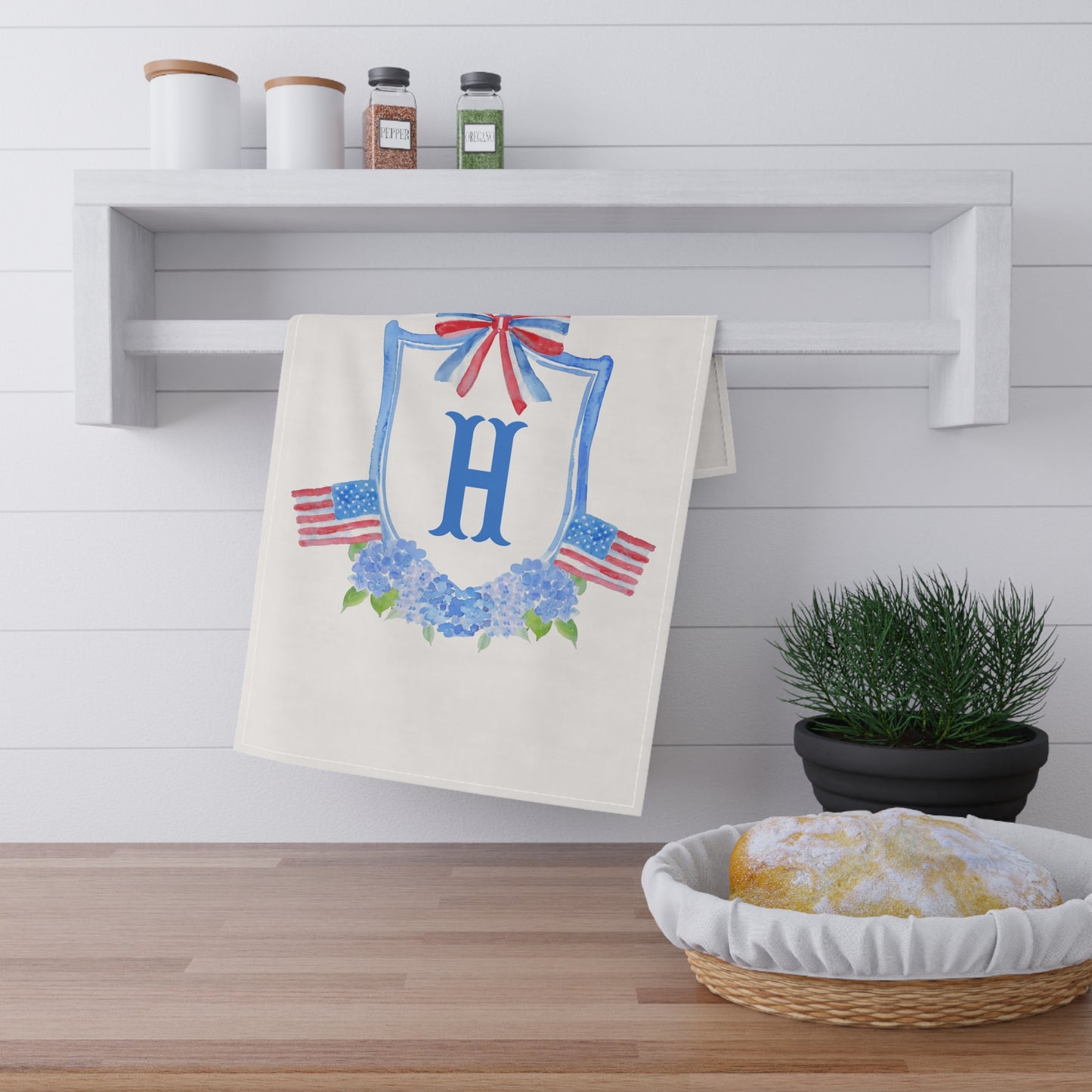 Patriotic Monogram Tea Towel | American Flag Hydrangea Hand Towel