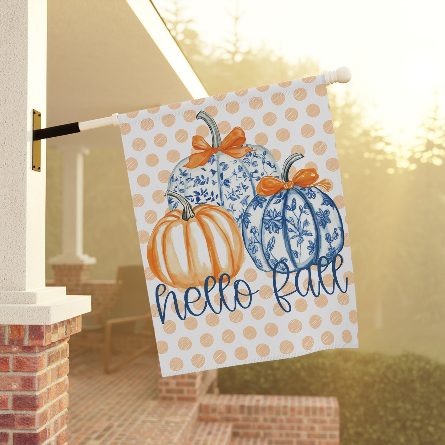 Hello Fall Pumpkin Garden Flag | Polka Dot Blue Orange Fall Yard Banner