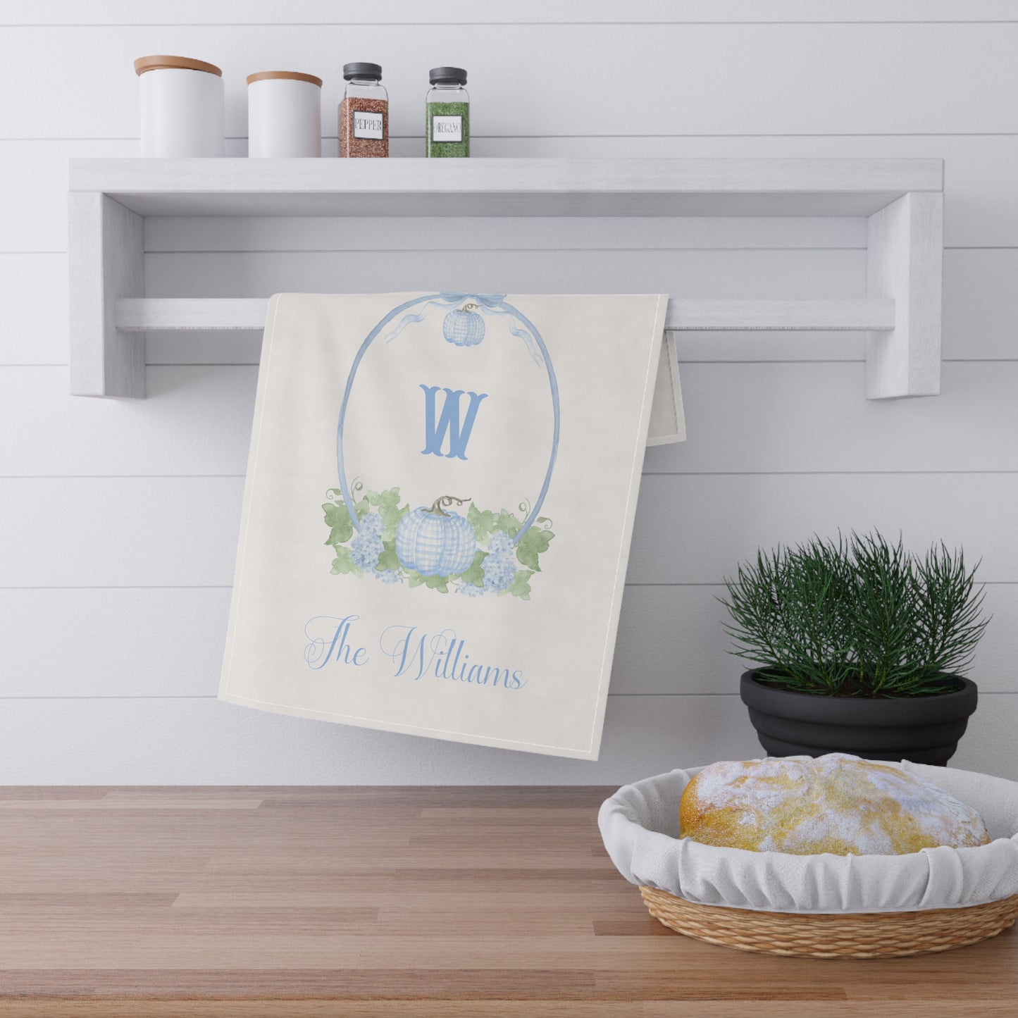 Blue Monogram Pumpkin Wreath Tea Towel | Personalized Kitchen Towel