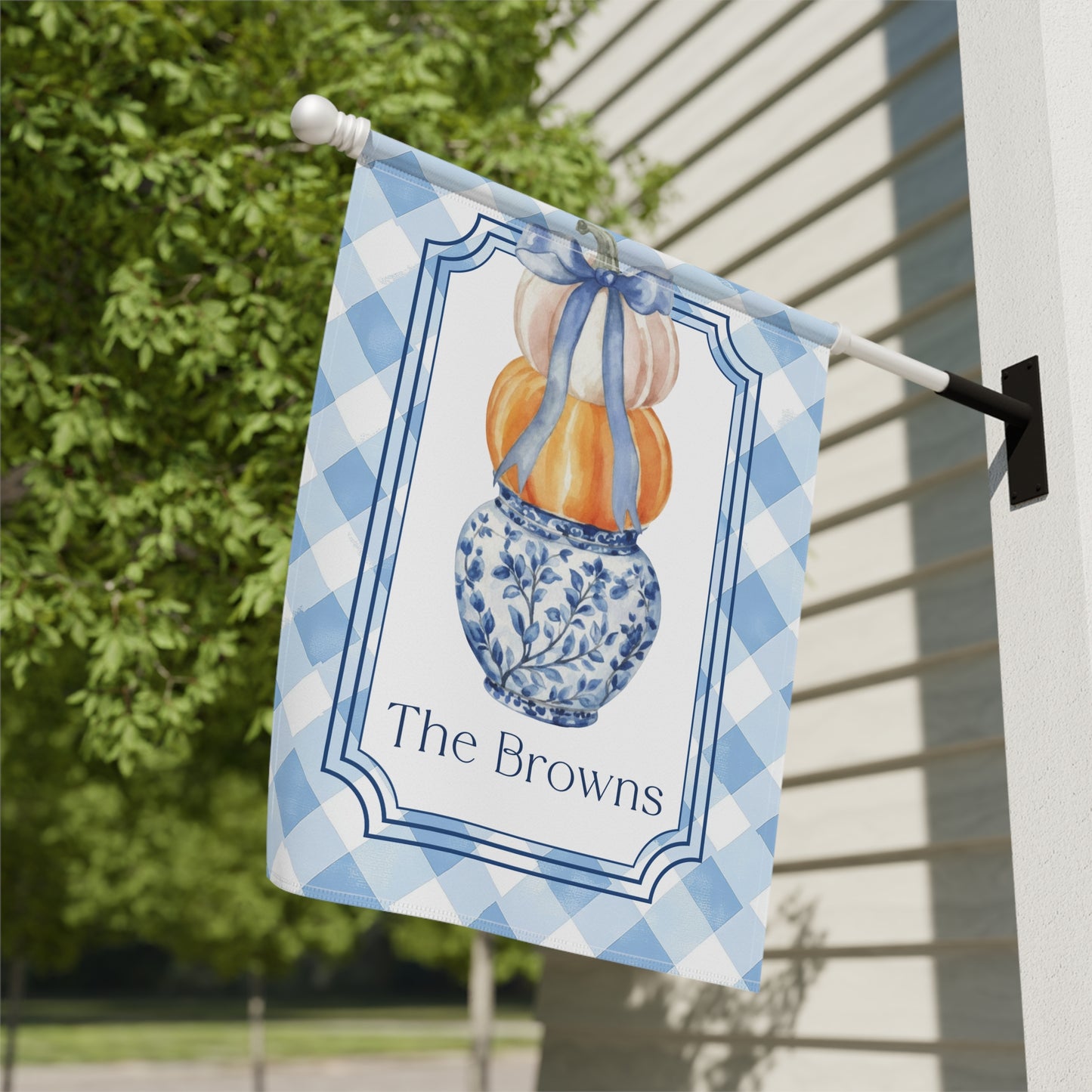 Blue Gingham Pumpkin Stack Garden Flag | House Banner