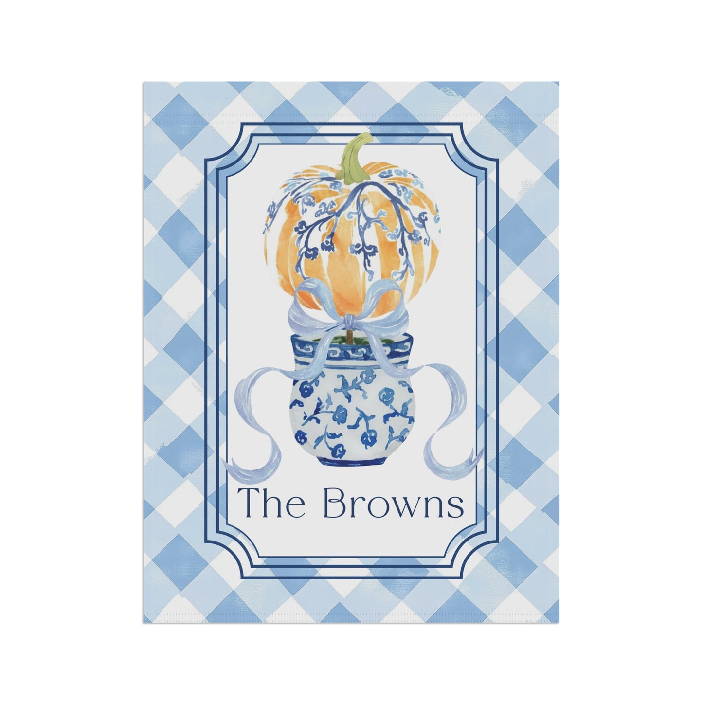 Blue Gingham Pumpkin in Blue Willow Vase Garden Flag | House Banner, Personalized Name