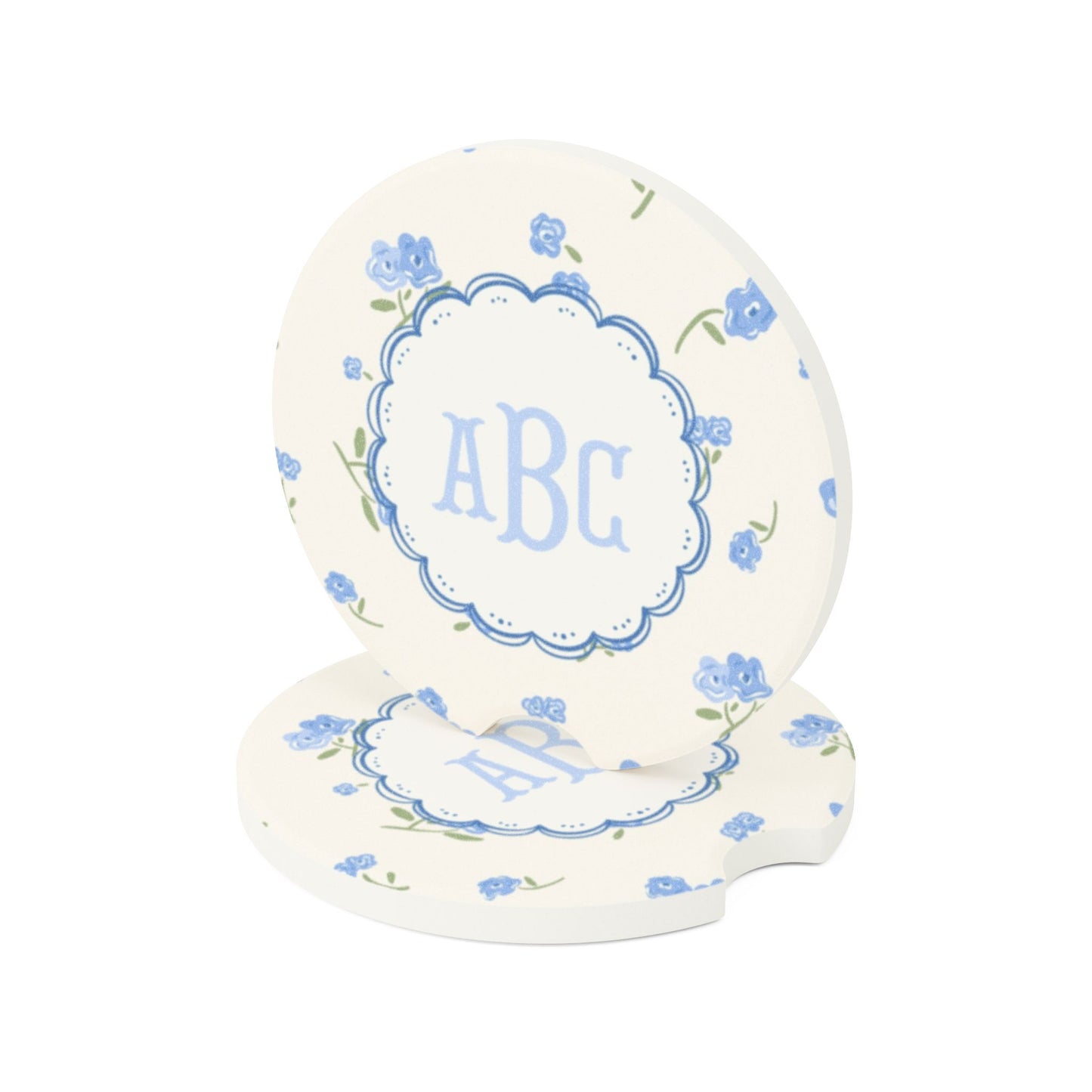Blue Floral Monogram Car Coaster | Soapstone Drink Holder