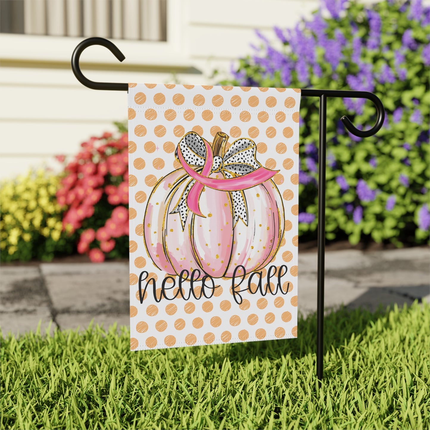 Pink Polka Dot Pumpkin Hello Fall Garden Flag | House Banner