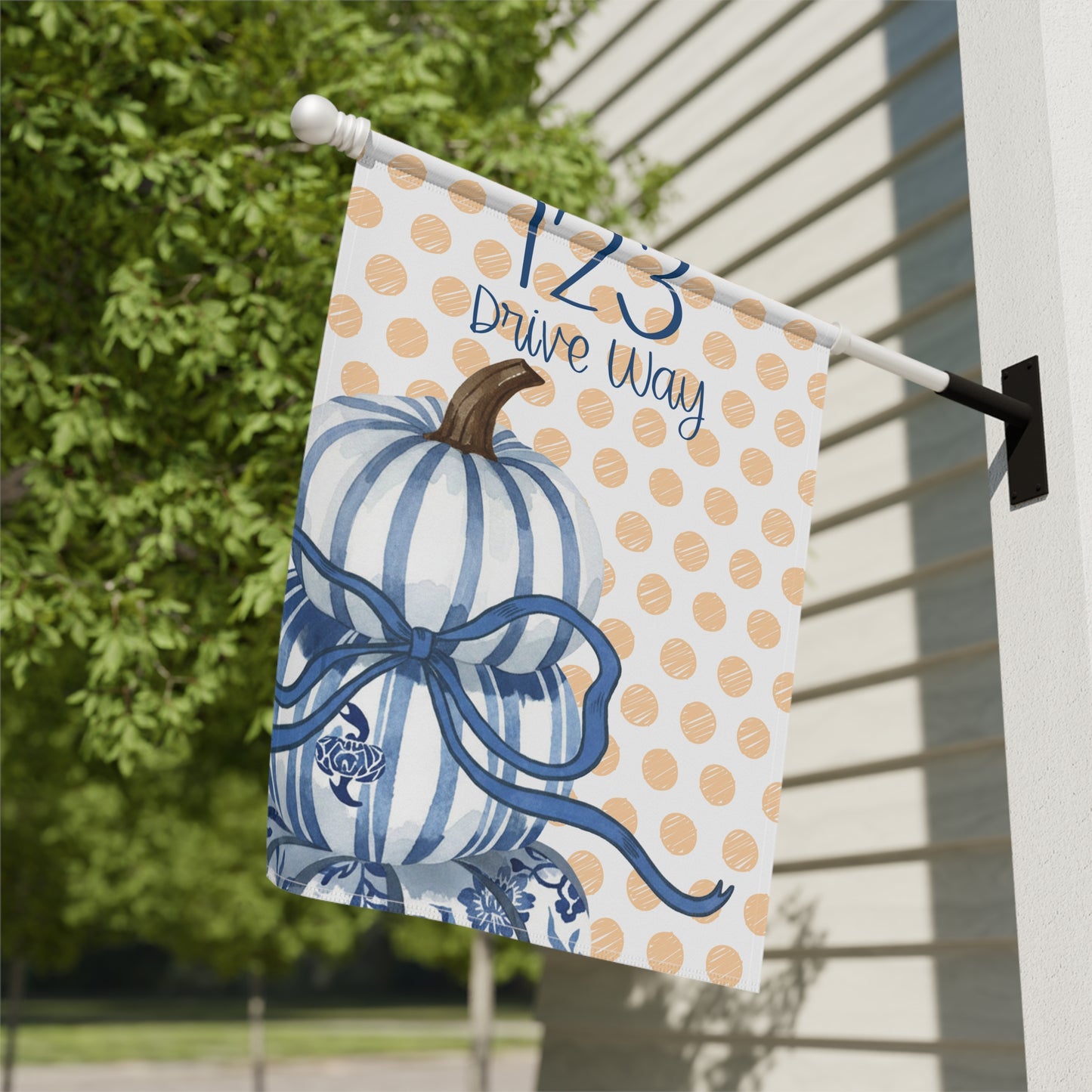 Blue Striped Pumpkin House Number Garden Banner | Polka Dot Fall Porch Flag