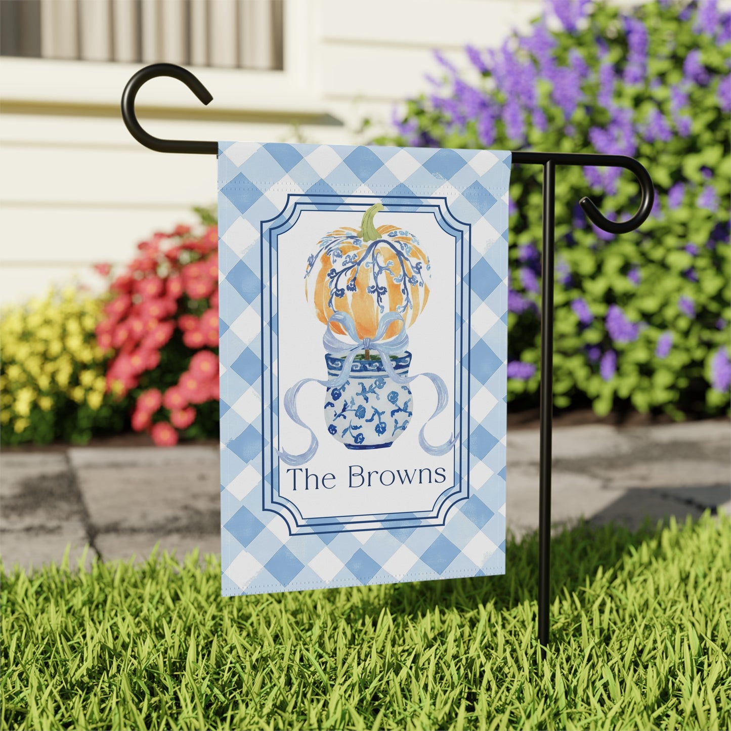 Blue Gingham Pumpkin in Blue Willow Vase Garden Flag | House Banner, Personalized Name