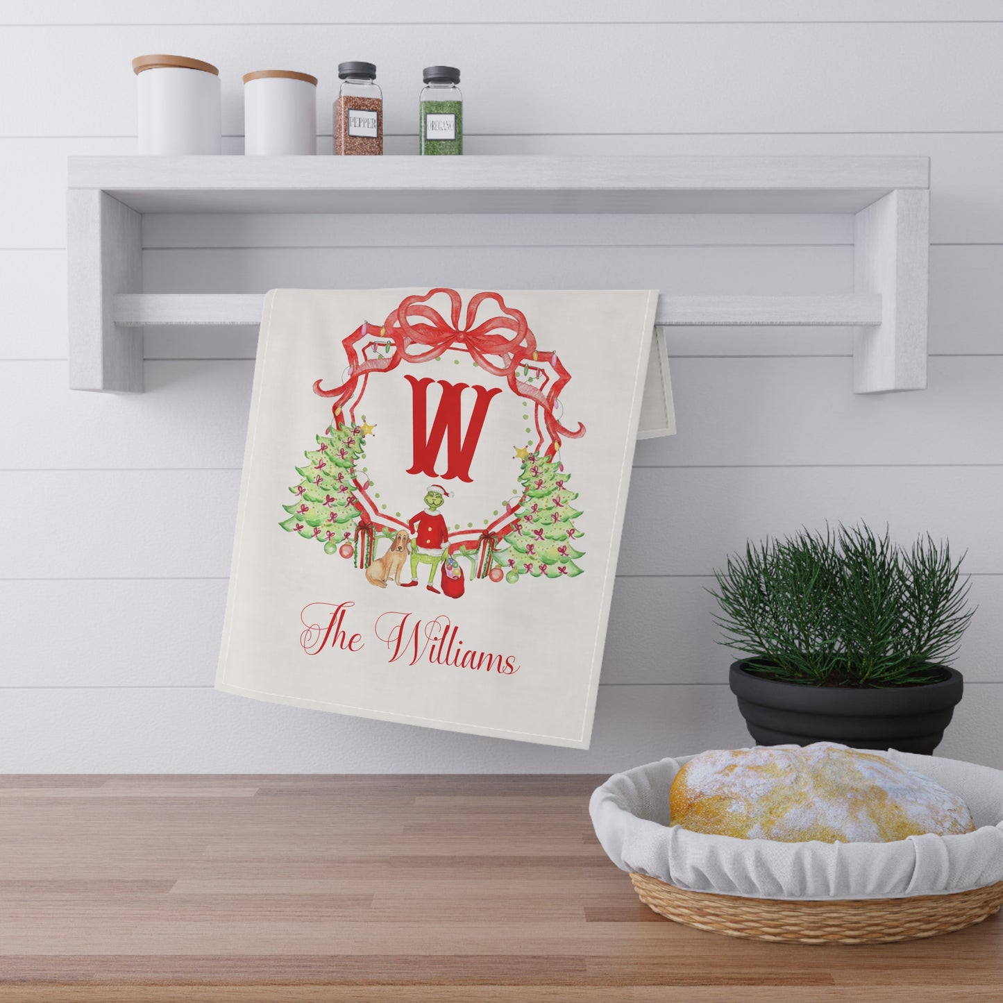 Monogram W Christmas Wreath Tea Towel | Personalized Kitchen Towel