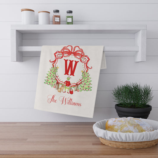 Monogram W Christmas Wreath Tea Towel | Personalized Kitchen Towel