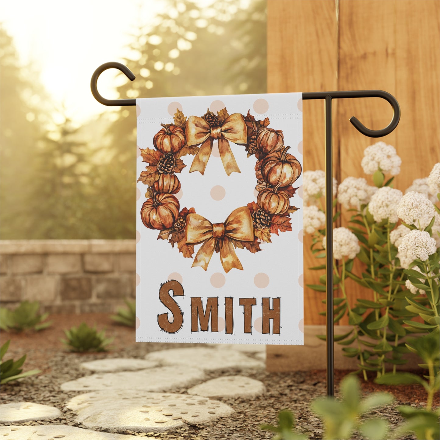 Personalized Fall Pumpkin Wreath Garden Flag Custom Name Autumn Outdoor Yard Decor, Polka Dot Thanksgiving Porch Decoration